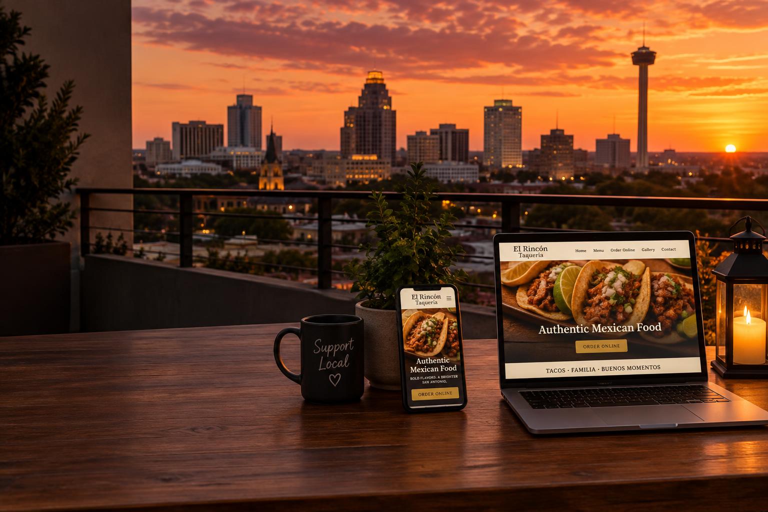 San Antonio skyline at sunset with a restaurant website displayed on a laptop and phone